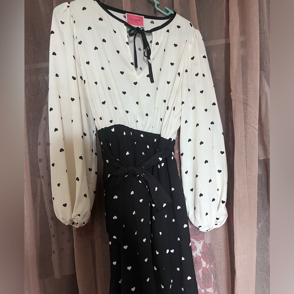 kate spade Black & White Heart-Print Long Sleeve Midi Dress with Waist Tie
